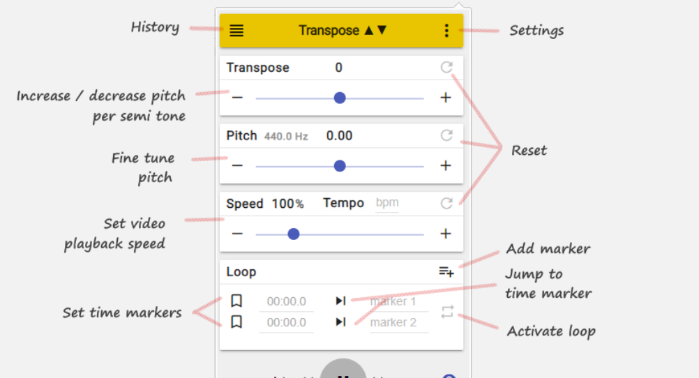 Nâng hạ tone nhạc miễn phí online trên youtube với Transpose ▲▼ pitch ▹ speed ▹ loop extention